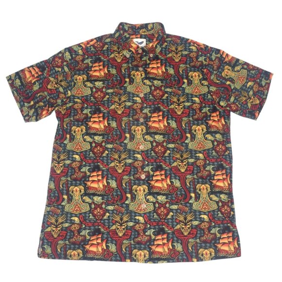 Yiume Viking Hawaiian Shirt Pirate Night Button-Down Short Sleeve Cotton Aloha L - Picture 1 of 8